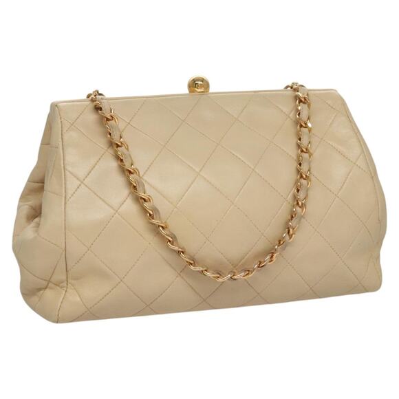 CHANEL Matelasse Chain Hand Bag Lamb Skin Beige Gold CC - Picture 1 of 16